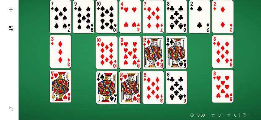 Half Moon Solitaire sur téléphone tenu à l’horizontale, début de partie sur le tapis vert : douze piles en arc dont seule la carte du dessus se voit, et les huit cartes de réserve au centre ; temps 0:00, score 0, 0 coup.